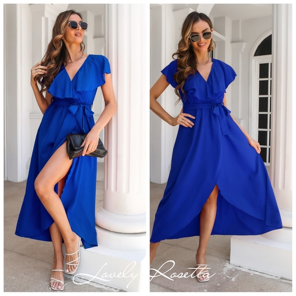 Romantic Ruffled Midi Dress with Wrap Silhouette and Slit - Picture 7 of 7